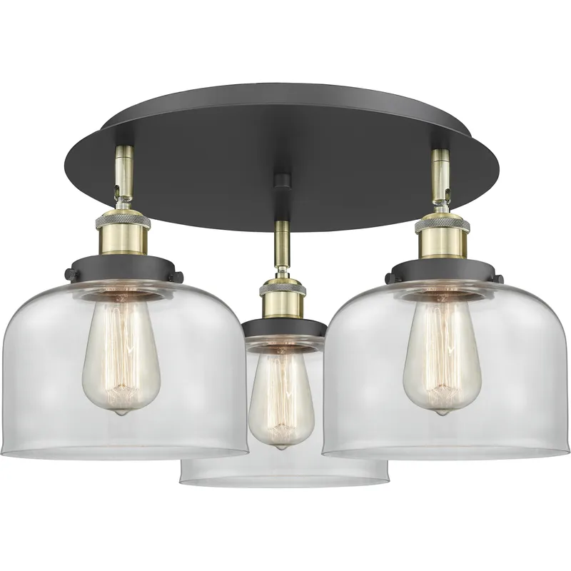 Bell 3 Light 19.75 inch Black Antique Brass Flush Mount Ceiling Light in Clear