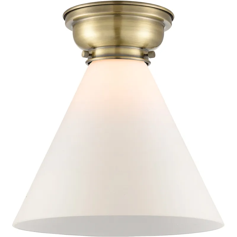 Aditi X-Large Cone LED 12 inch Antique Brass Flush Mount Ceiling Light in Matte White Glass, Aditi