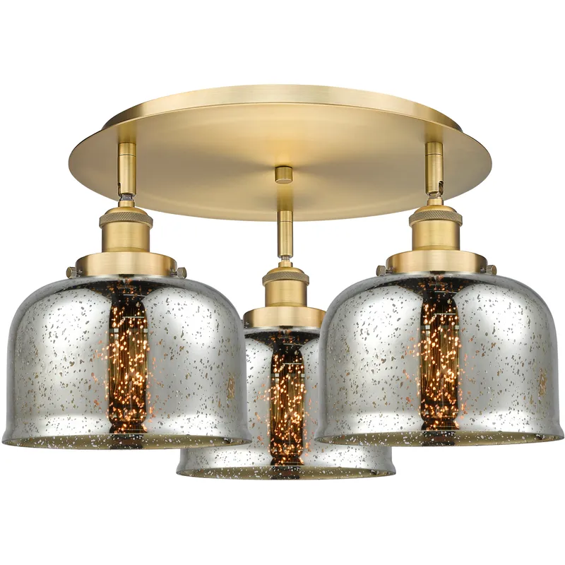 Bell 3 Light 19.75 inch Brushed Brass Flush Mount Ceiling Light in Silver Plated Mercury