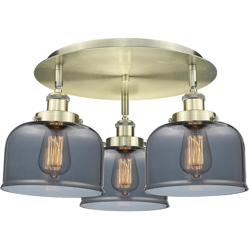 Bell 3 Light 19.75 inch Antique Brass Flush Mount Ceiling Light in Light Smoke Glass