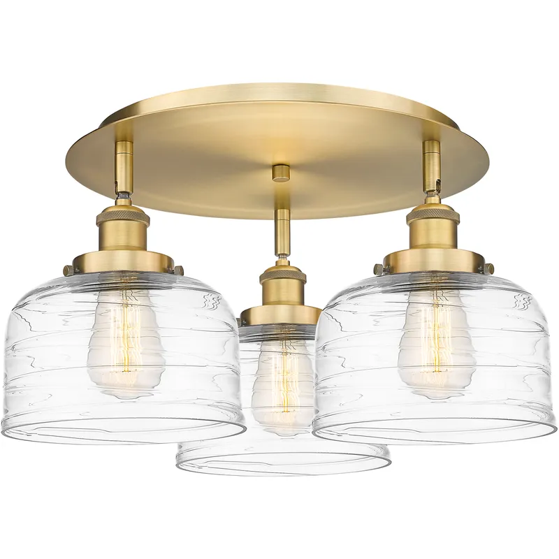 Bell 3 Light 19.75 inch Brushed Brass Flush Mount Ceiling Light in Clear Deco Swirl