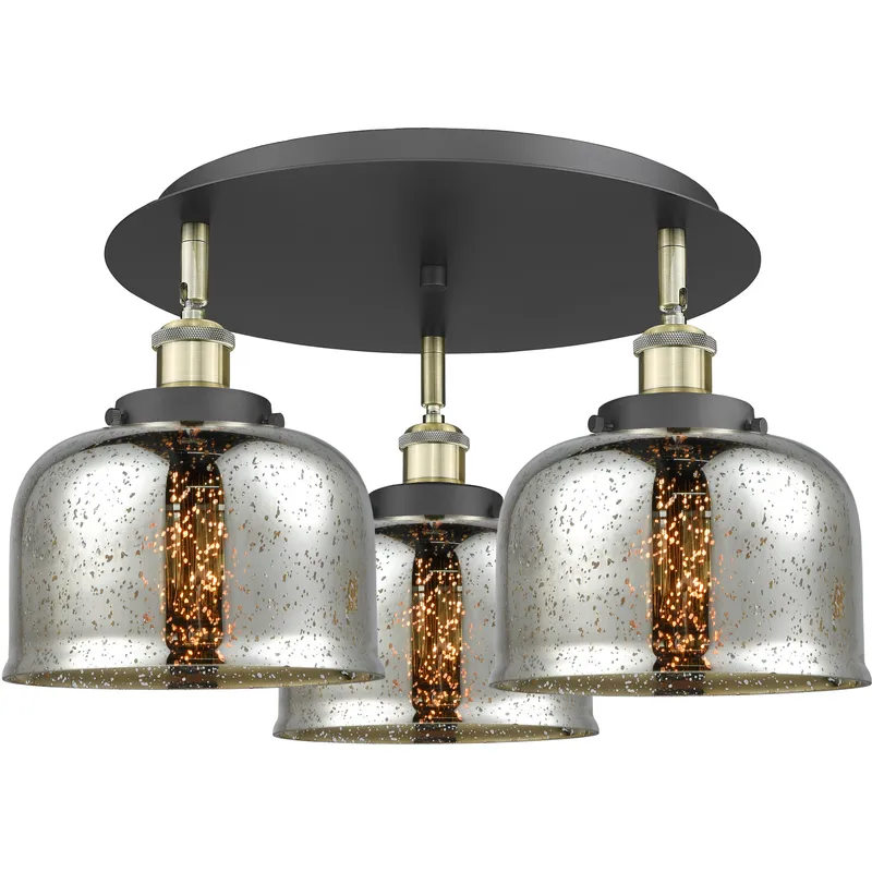 Bell 3 Light 19.75 inch Black Antique Brass Flush Mount Ceiling Light in Silver Plated Mercury