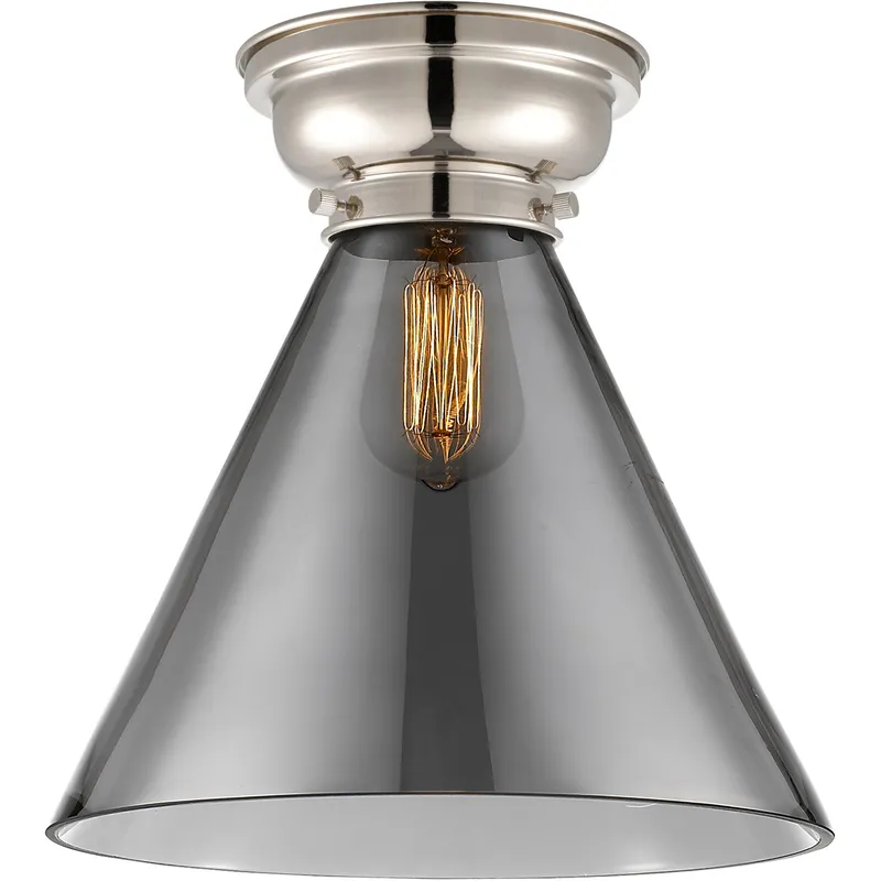 Aditi X-Large Cone LED 12 inch Polished Nickel Flush Mount Ceiling Light in Plated Smoke Glass, Aditi