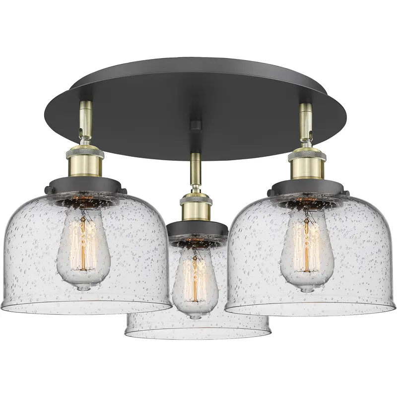 Bell 3 Light 19.75 inch Black Antique Brass Flush Mount Ceiling Light in Seedy
