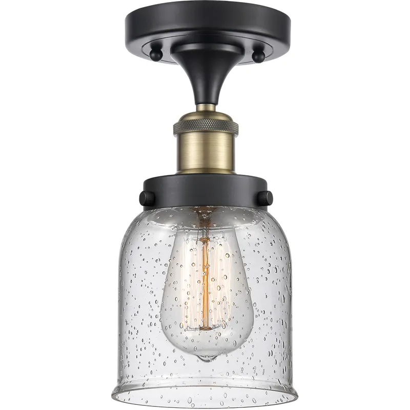 Ballston Small Bell LED 5 inch Black Antique Brass Semi-Flush Mount Ceiling Light in Seedy Glass
