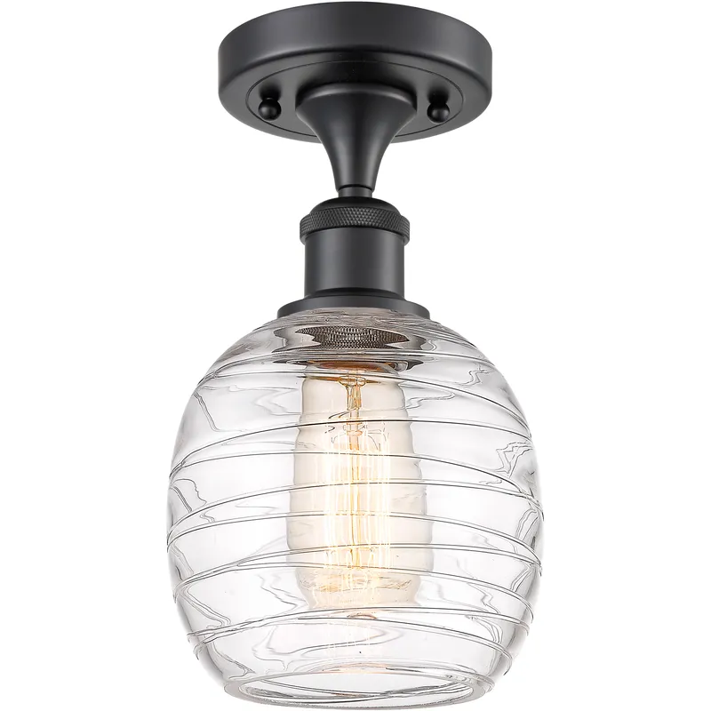 Edison Belfast 1 Light 6 inch Matte Black Semi-Flush Mount Ceiling Light in Deco Swirl Glass, 2.5 lb