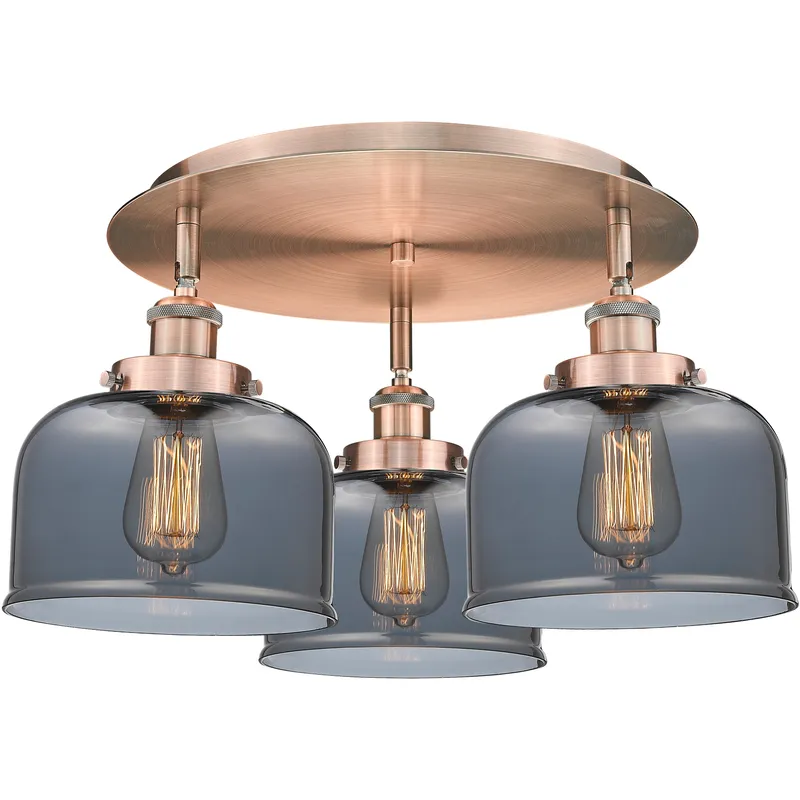 Bell 3 Light 19.75 inch Antique Copper Flush Mount Ceiling Light in Light Smoke Glass