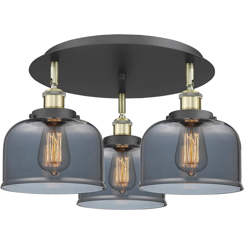 Bell 3 Light 19.75 inch Black Antique Brass Flush Mount Ceiling Light in Light Smoke Glass