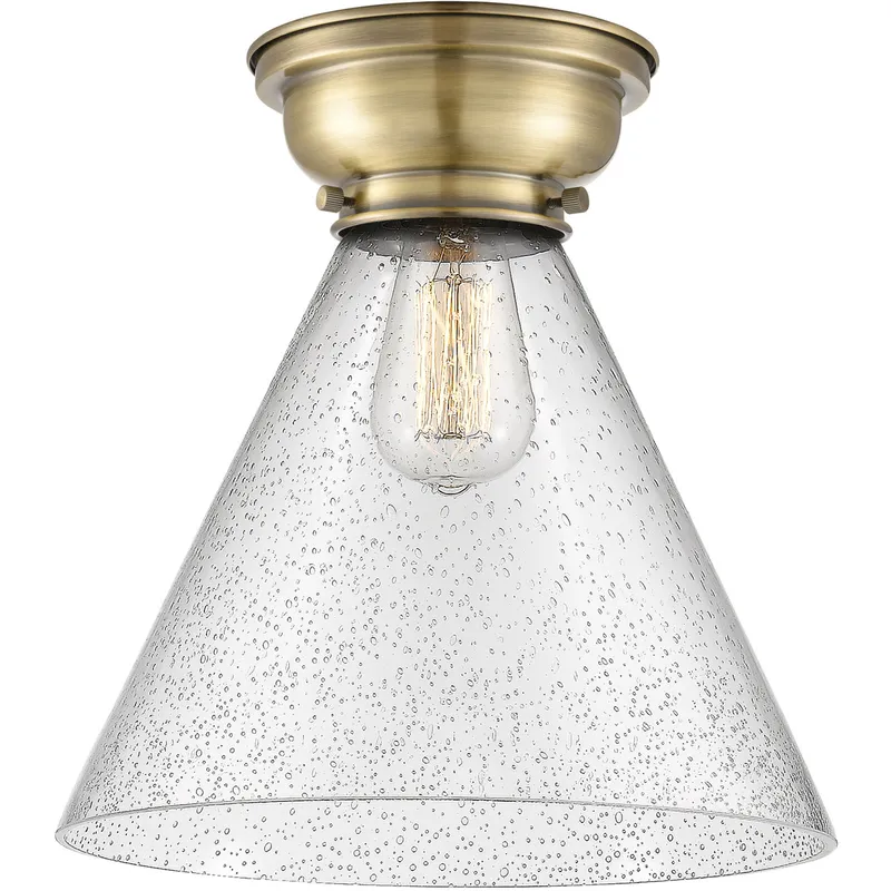 Aditi X-Large Cone LED 12 inch Antique Brass Flush Mount Ceiling Light in Seedy Glass, Aditi