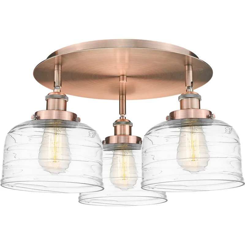 Bell 3 Light 19.75 inch Antique Copper Flush Mount Ceiling Light in Clear Deco Swirl