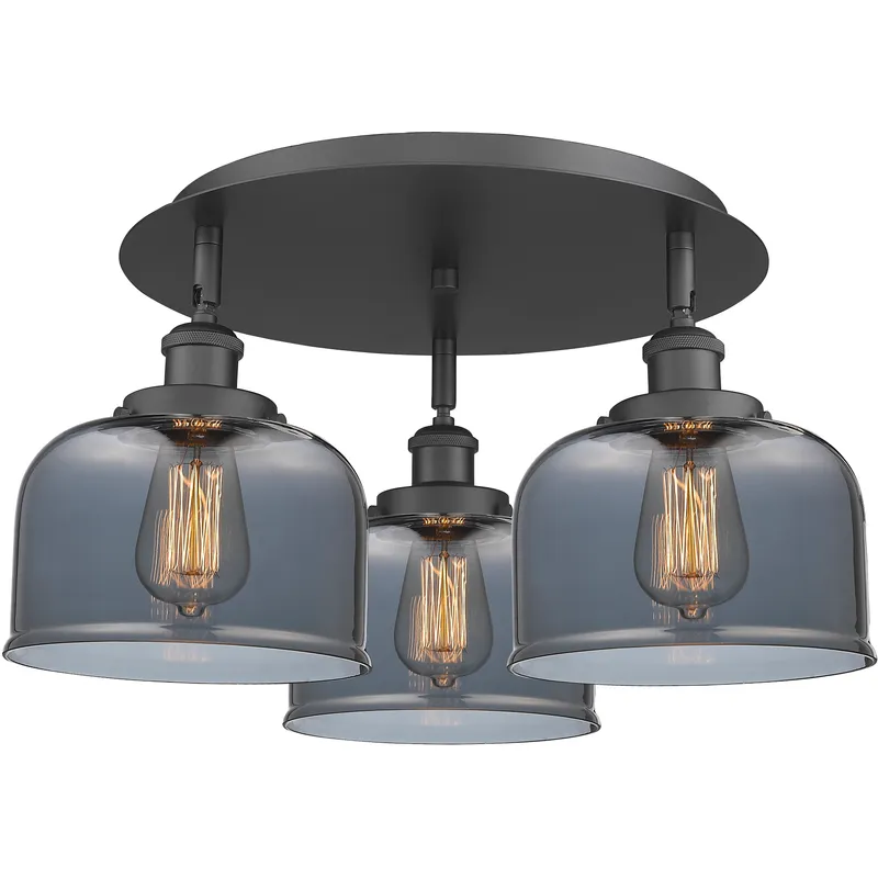 Bell 3 Light 19.75 inch Matte Black Flush Mount Ceiling Light in Light Smoke Glass