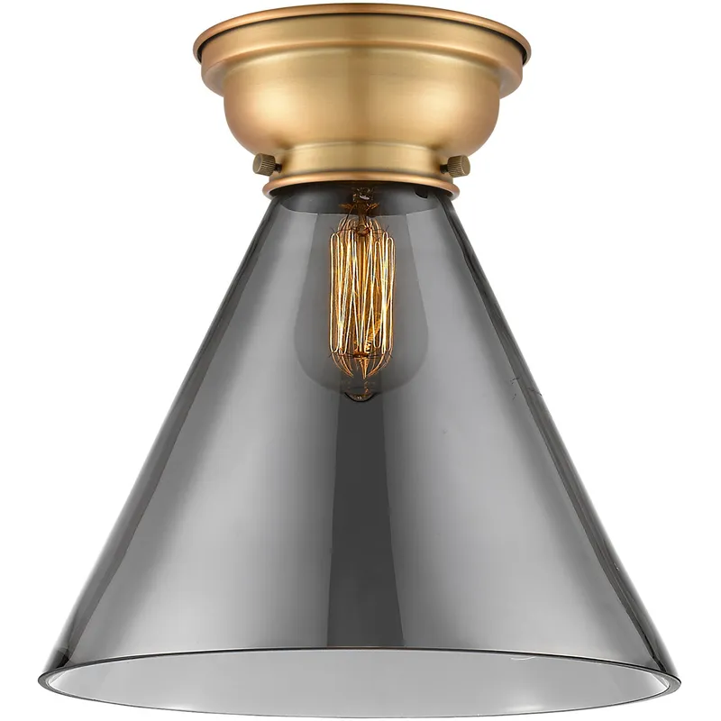 Aditi X-Large Cone LED 12 inch Brushed Brass Flush Mount Ceiling Light in Light Smoke Glass, Aditi