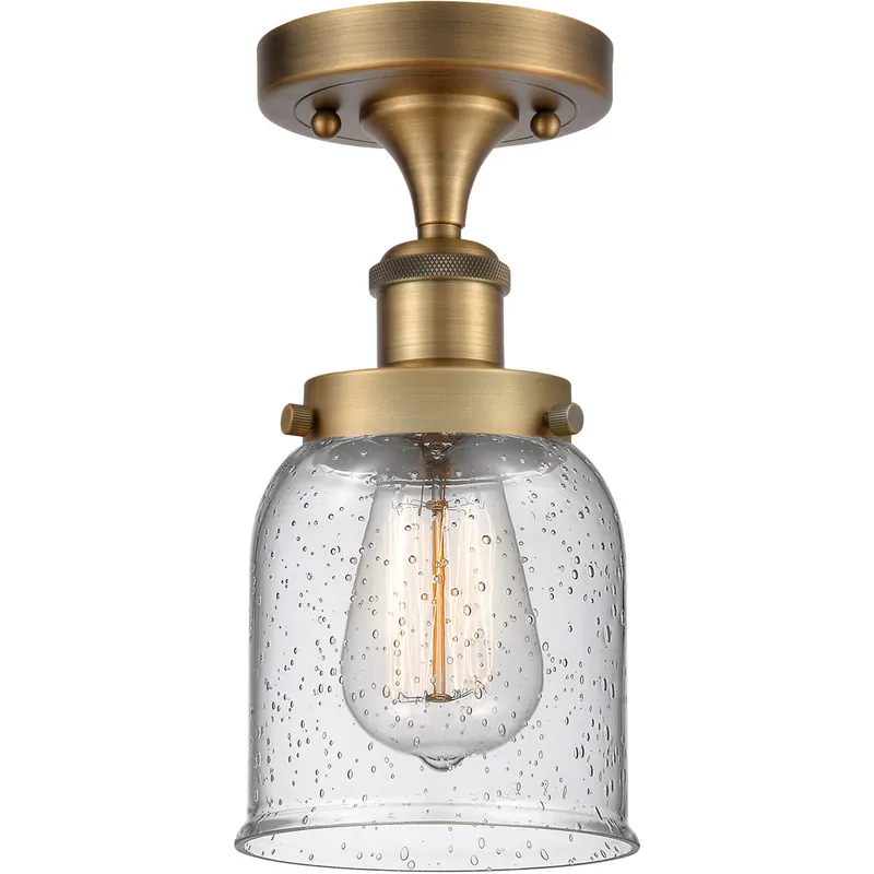 Ballston Small Bell LED 5 inch Brushed Brass Semi-Flush Mount Ceiling Light in Seedy Glass