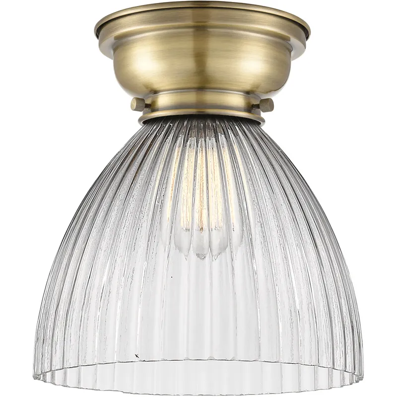 Aditi Seneca Falls 1 Light 10 inch Antique Brass Flush Mount Ceiling Light in Incandescent, Clear Halophane Glass, Aditi