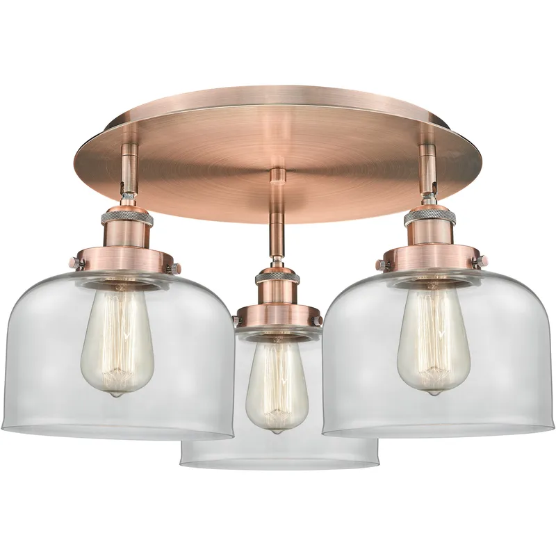 Bell 3 Light 19.75 inch Antique Copper Flush Mount Ceiling Light in Clear