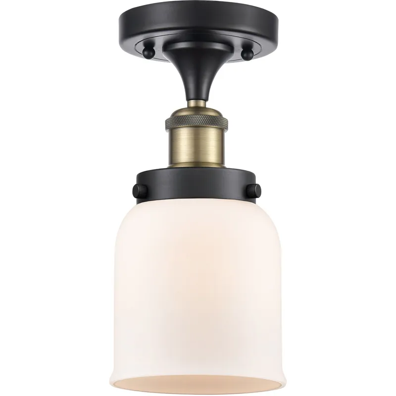 Ballston Small Bell LED 5 inch Black Antique Brass Semi-Flush Mount Ceiling Light in Matte White Glass