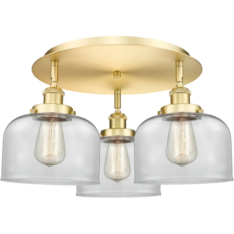 Bell 3 Light 19.75 inch Satin Gold Flush Mount Ceiling Light in Clear