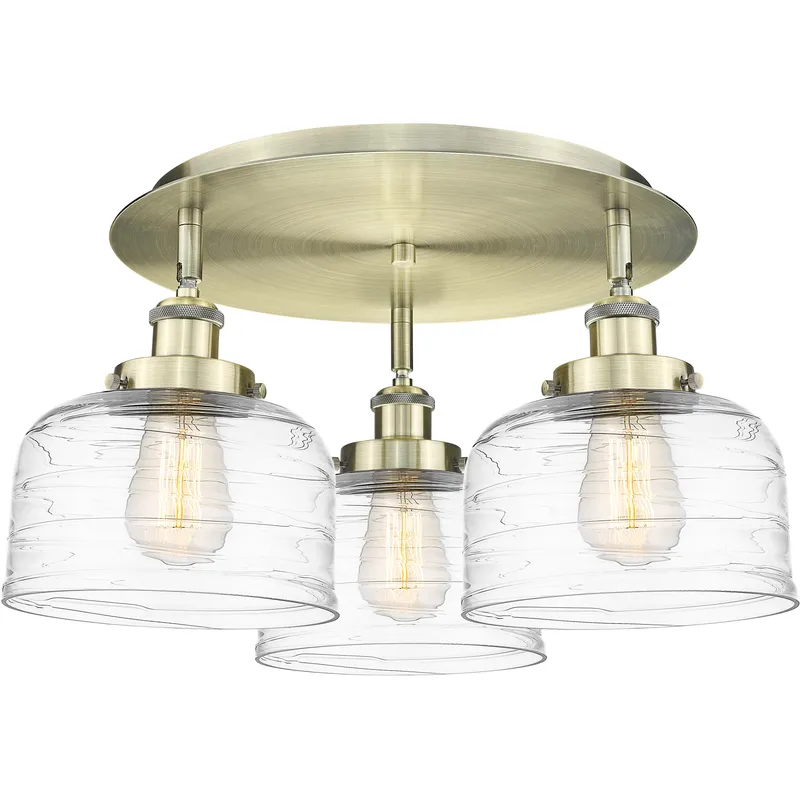 Bell 3 Light 19.75 inch Antique Brass Flush Mount Ceiling Light in Clear Deco Swirl