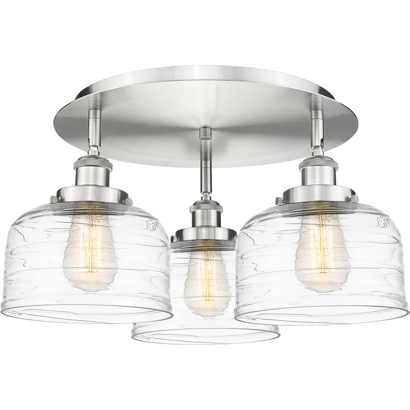 Bell 3 Light 19.75 inch Satin Nickel Flush Mount Ceiling Light in Clear Deco Swirl