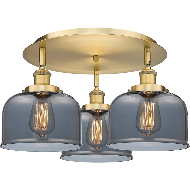 Bell 3 Light 19.75 inch Brushed Brass Flush Mount Ceiling Light in Light Smoke Glass