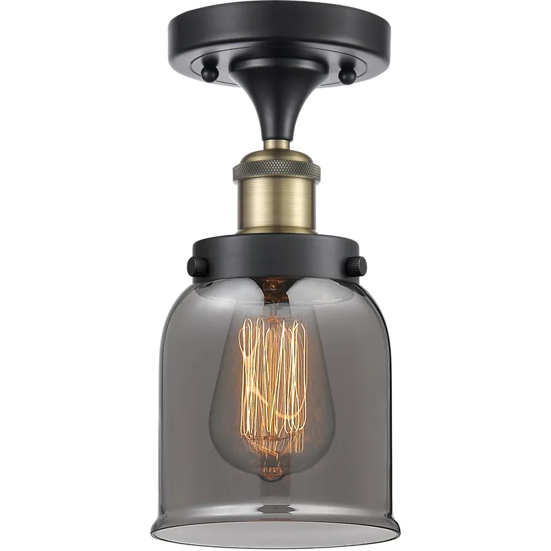 Ballston Small Bell LED 5 inch Black Antique Brass Semi-Flush Mount Ceiling Light in Light Smoke Glass