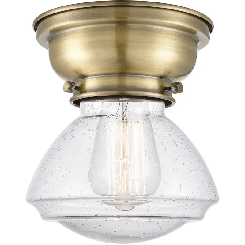 Aditi Olean 1 Light 7 inch Antique Brass Flush Mount Ceiling Light in Incandescent, Seedy Glass, Aditi