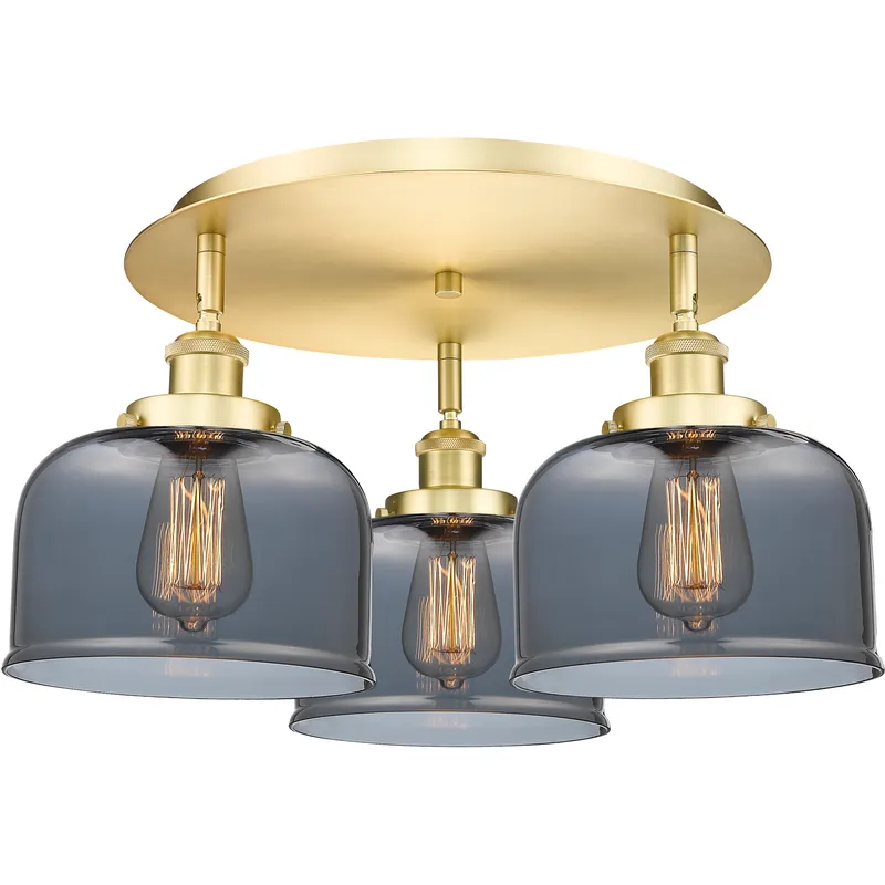 Bell 3 Light 19.75 inch Satin Gold Flush Mount Ceiling Light in Light Smoke Glass
