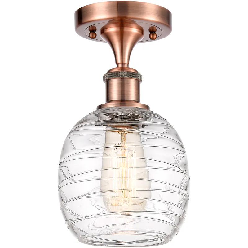 Belfast 1 Light 6 inch Antique Copper Flush Mount Ceiling Light in Deco Swirl Glass, 2.5 lb