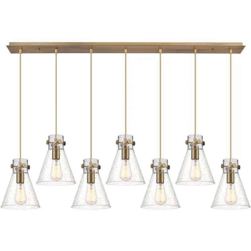 Newton Cone 7 Light 51.75 inch Brushed Brass Linear Pendant Ceiling Light in Seedy Glass