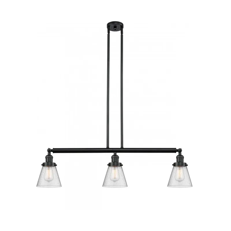 Franklin Restoration Small Cone 3 Light 39 inch Matte Black Island Light Ceiling Light in Seedy Glass, Franklin Restoration