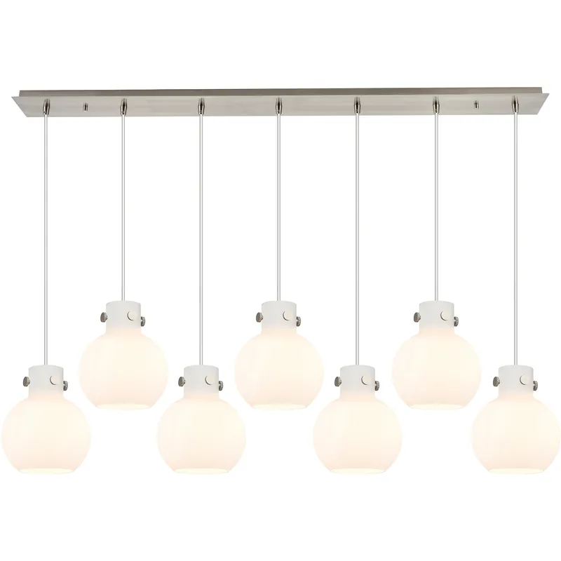 Newton Sphere 7 Light 51.75 inch Brushed Satin Nickel Linear Pendant Ceiling Light in White Glass