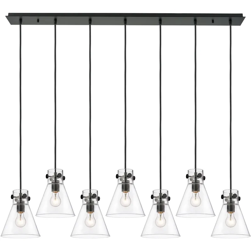Newton Cone 7 Light 51.75 inch Matte Black Linear Pendant Ceiling Light in Clear Glass