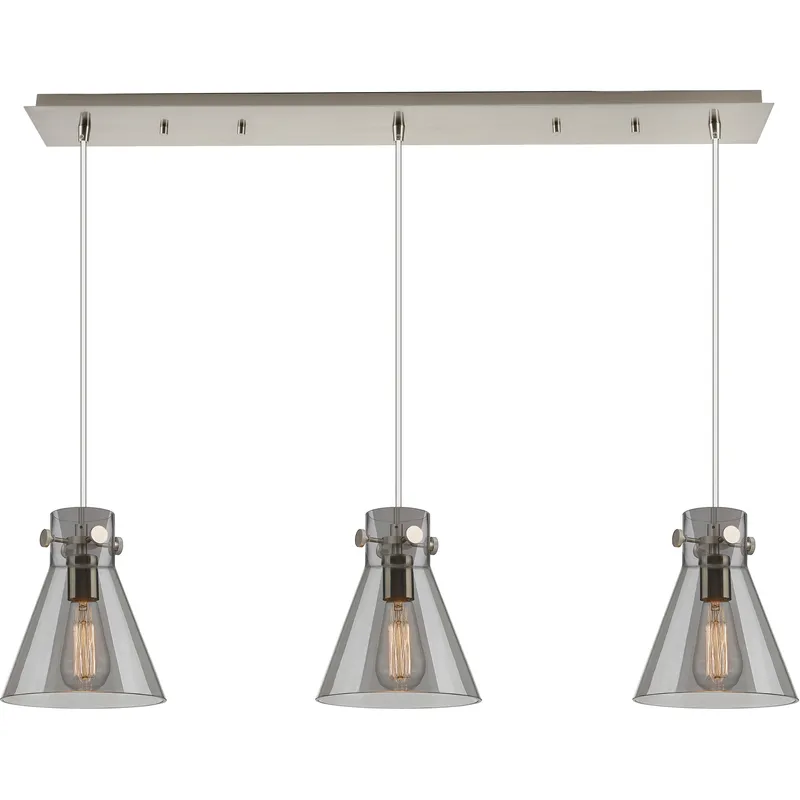 Newton Cone 3 Light 39.75 inch Brushed Satin Nickel Linear Pendant Ceiling Light in Light Smoke Glass