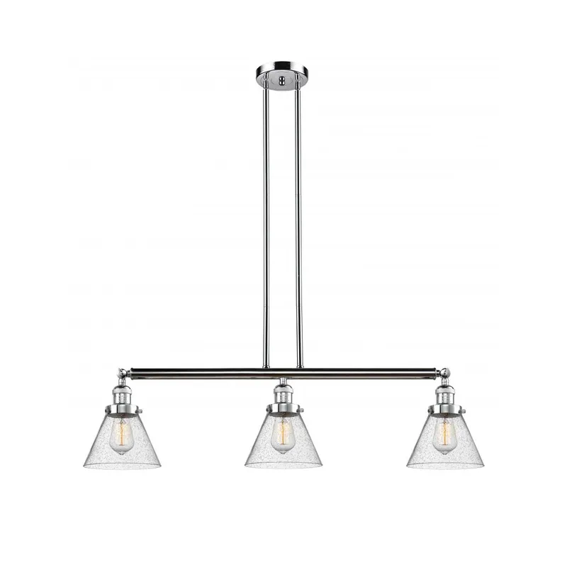 Franklin Restoration Large Cone 3 Light 40 inch Polished Chrome Island Light Ceiling Light in Seedy Glass, Franklin Restoration