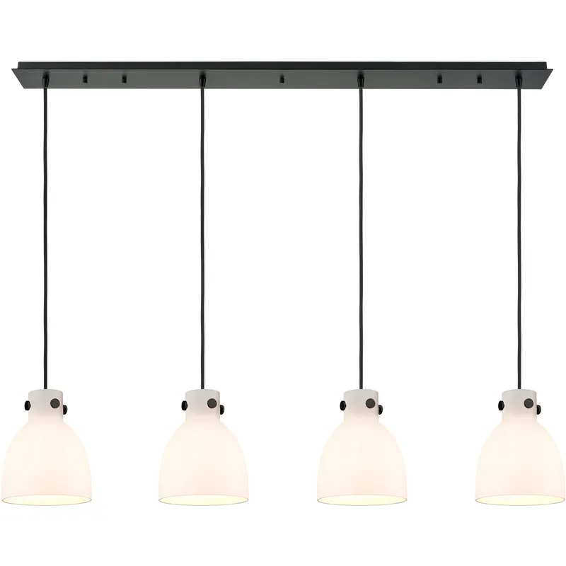 Newton Bell 4 Light 51.75 inch Matte Black Linear Pendant Ceiling Light in White Glass