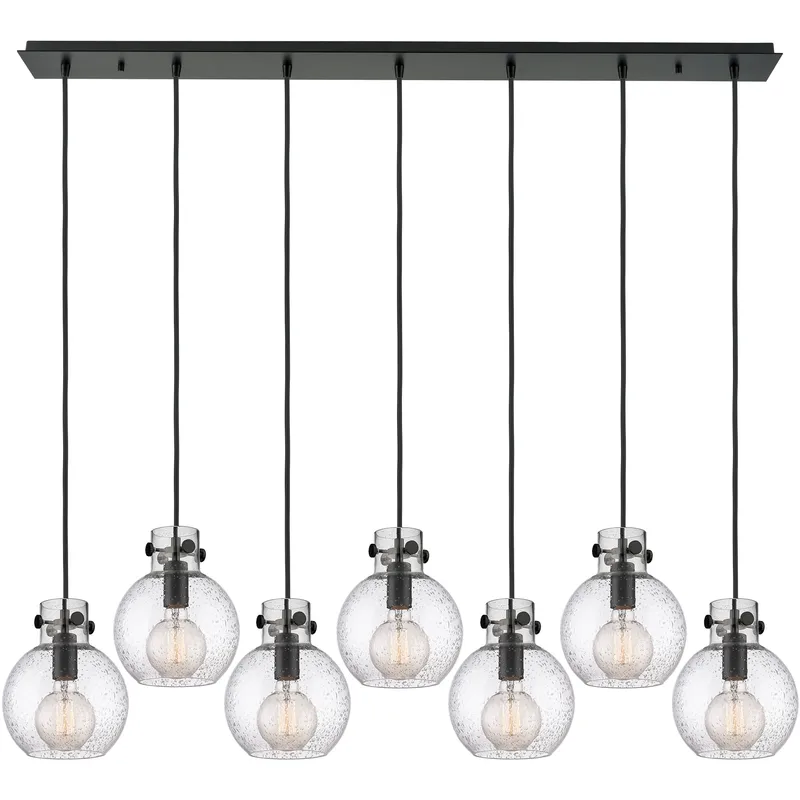 Newton Sphere 7 Light 51.75 inch Matte Black Linear Pendant Ceiling Light in Seedy Glass