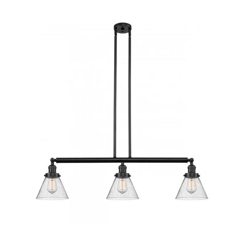 Franklin Restoration Large Cone 3 Light 40 inch Matte Black Island Light Ceiling Light in Seedy Glass, Franklin Restoration