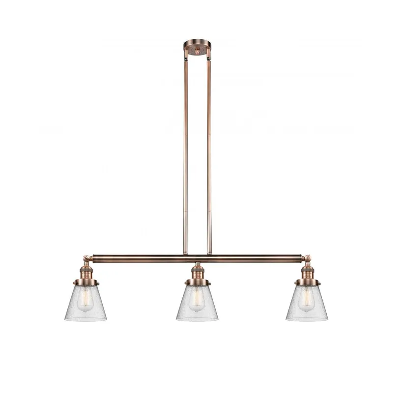 Franklin Restoration Small Cone 3 Light 39 inch Antique Copper Island Light Ceiling Light in Seedy Glass, Franklin Restoration