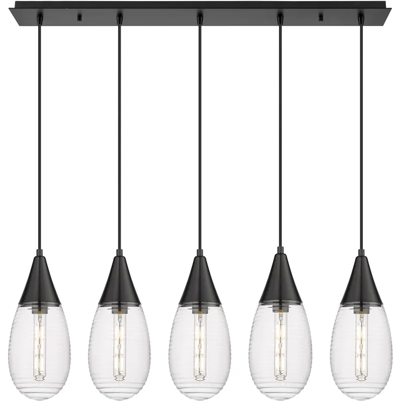 Malone 5 Light 37.75 inch Matte Black Linear Pendant Ceiling Light in Striped Clear Glass
