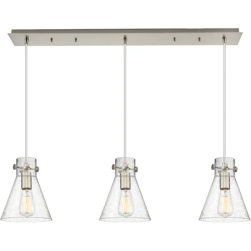 Newton Cone 3 Light 39.75 inch Brushed Satin Nickel Linear Pendant Ceiling Light in Seedy Glass