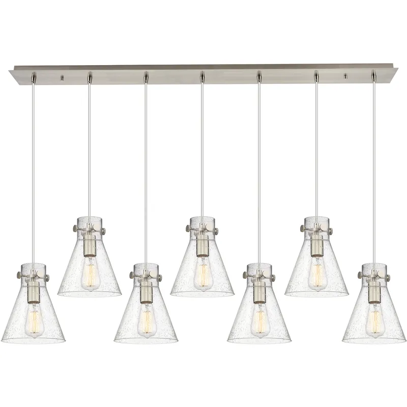 Newton Cone 7 Light 51.75 inch Brushed Satin Nickel Linear Pendant Ceiling Light in Seedy Glass