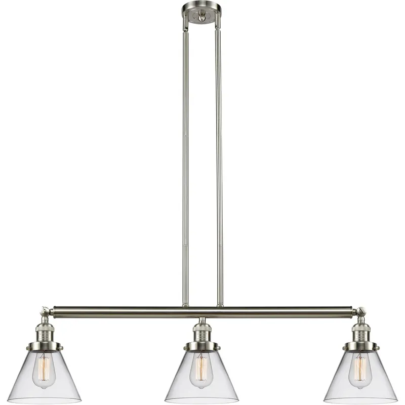 Franklin Restoration Large Cone 3 Light 40 inch Brushed Satin Nickel Island Light Ceiling Light in Clear Glass, Franklin Restoration