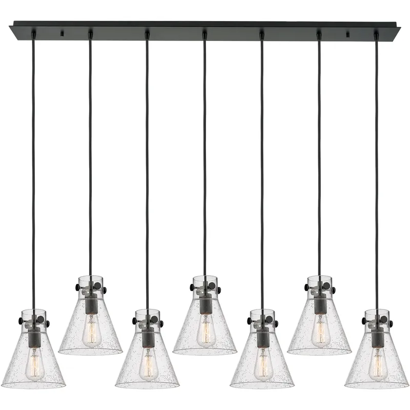 Newton Cone 7 Light 51.75 inch Matte Black Linear Pendant Ceiling Light in Seedy Glass