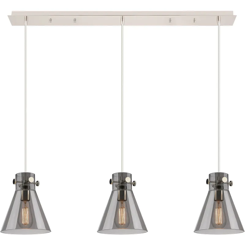 Newton Cone 3 Light 39.75 inch Polished Nickel Linear Pendant Ceiling Light in Light Smoke Glass