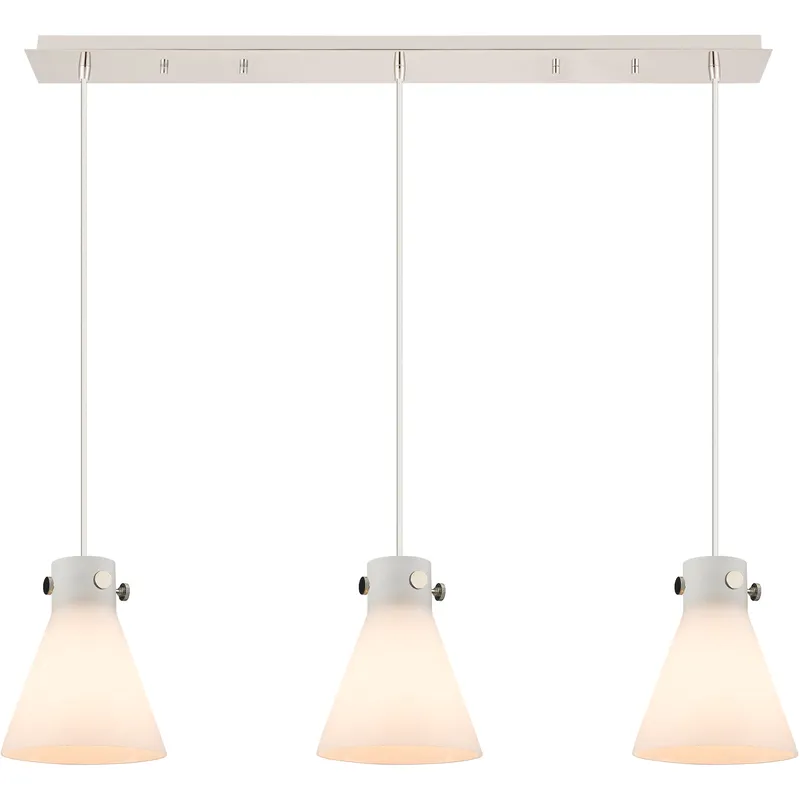 Newton Cone 3 Light 39.75 inch Polished Nickel Linear Pendant Ceiling Light in White Glass