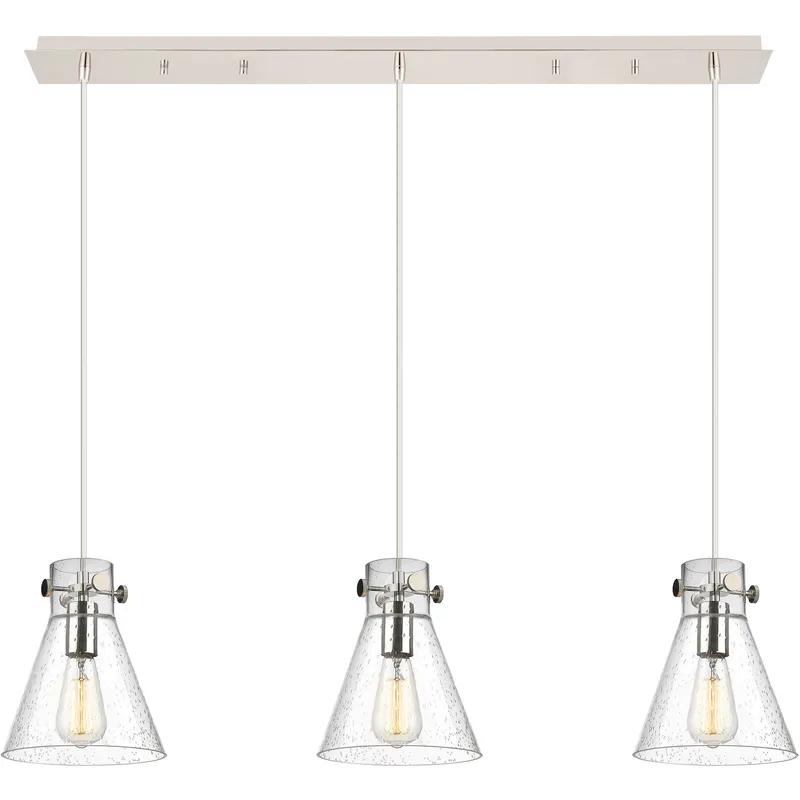 Newton Cone 3 Light 39.75 inch Polished Nickel Linear Pendant Ceiling Light in Seedy Glass