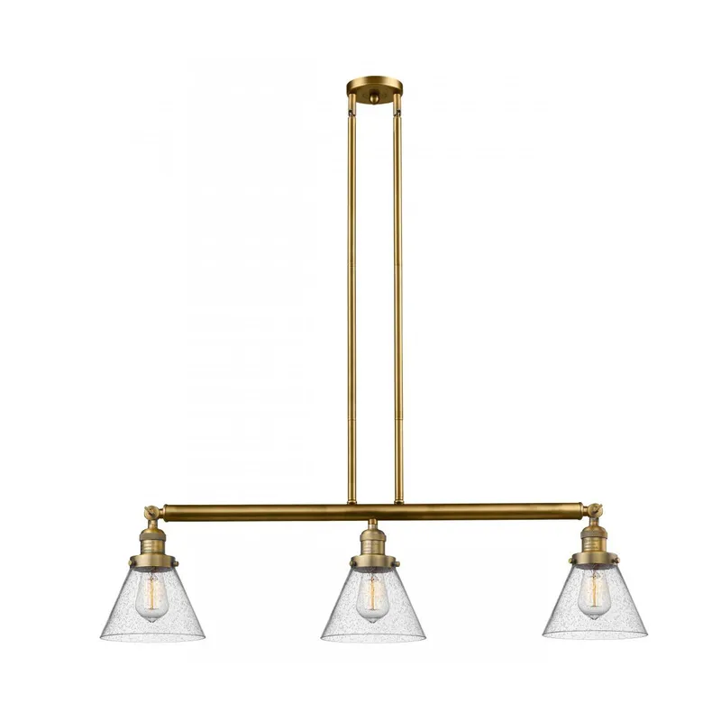 Franklin Restoration Large Cone 3 Light 40 inch Brushed Brass Island Light Ceiling Light in Seedy Glass, Franklin Restoration
