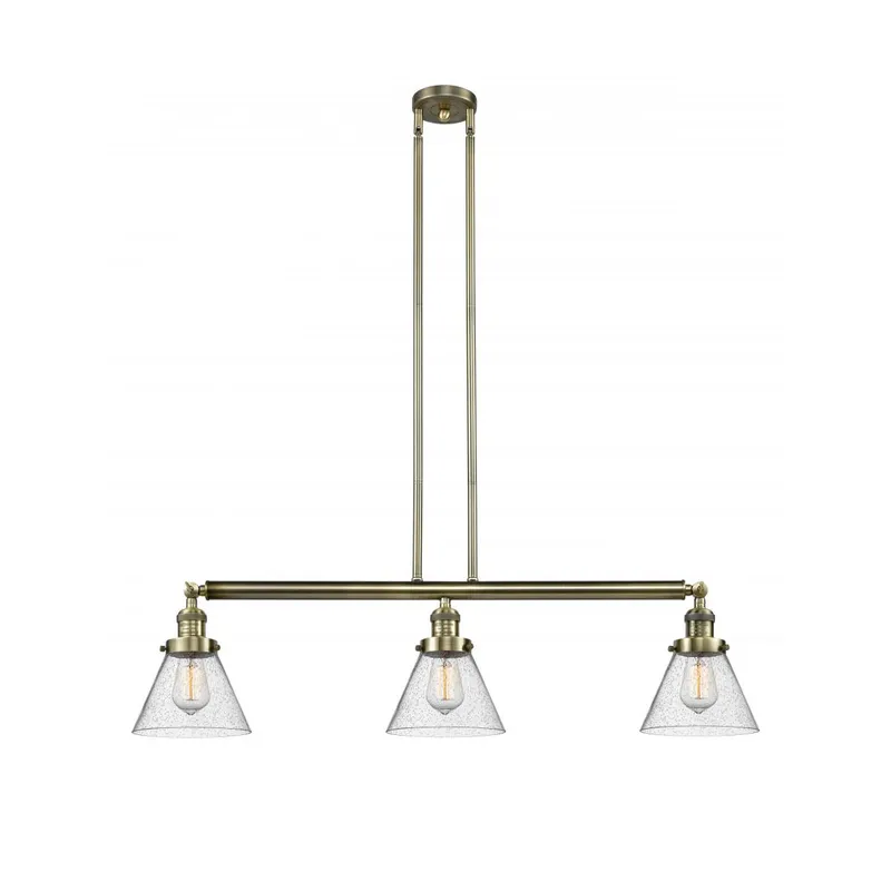 Franklin Restoration Large Cone 3 Light 40 inch Antique Brass Island Light Ceiling Light in Incandescent, Seedy Glass, Franklin Restoration
