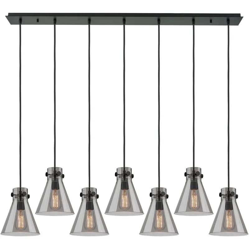 Newton Cone 7 Light 51.75 inch Matte Black Linear Pendant Ceiling Light in Light Smoke Glass