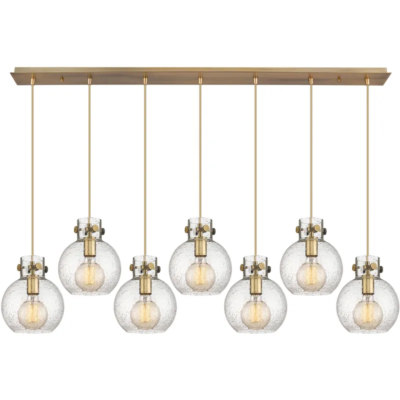 Newton Sphere 7 Light 51.75 inch Brushed Brass Linear Pendant Ceiling Light in Seedy Glass